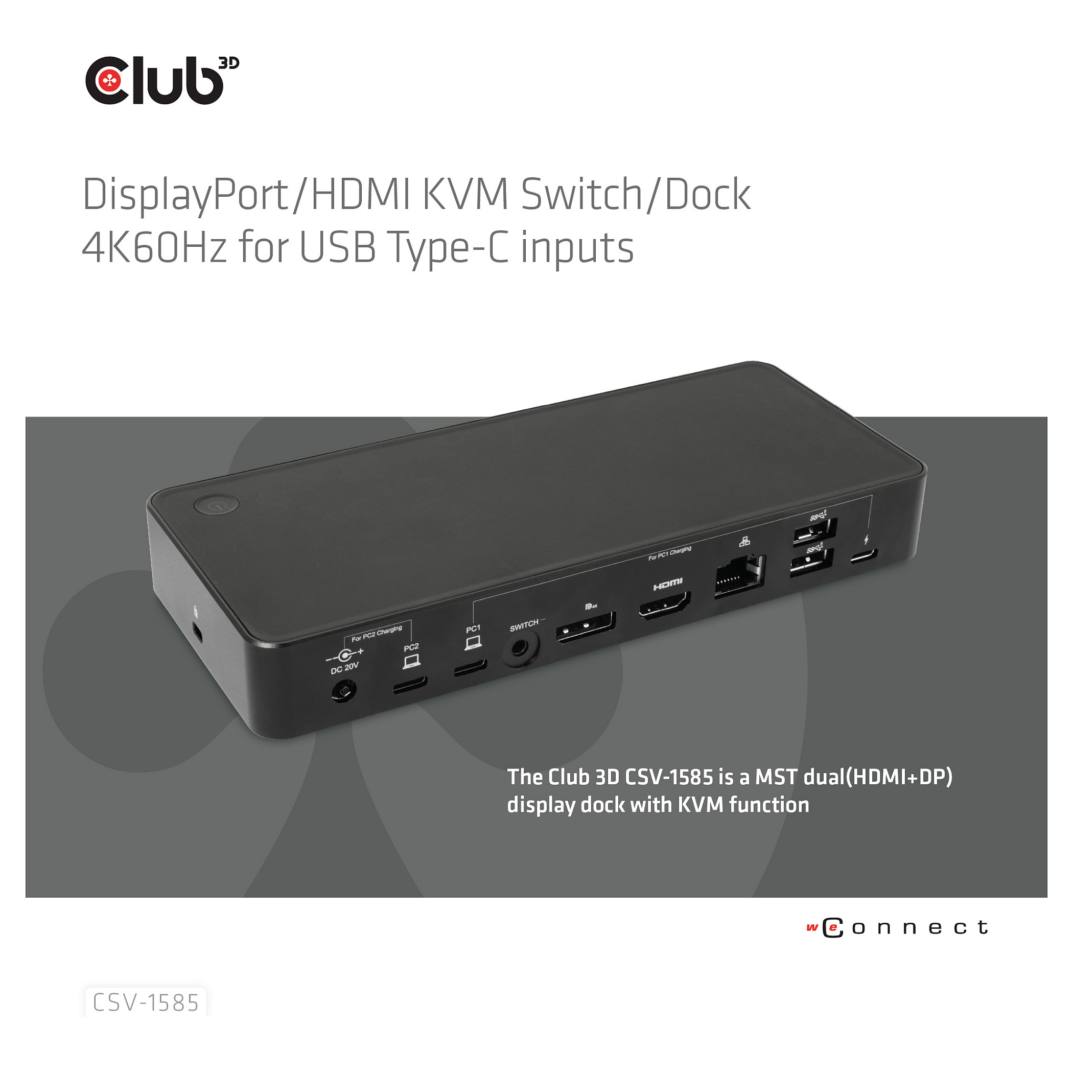 KVM Switch CLUB 3D CSV-1585 (2x USB-C, 4K60Hz, HDMI/DP, LAN, PD 100W)-1