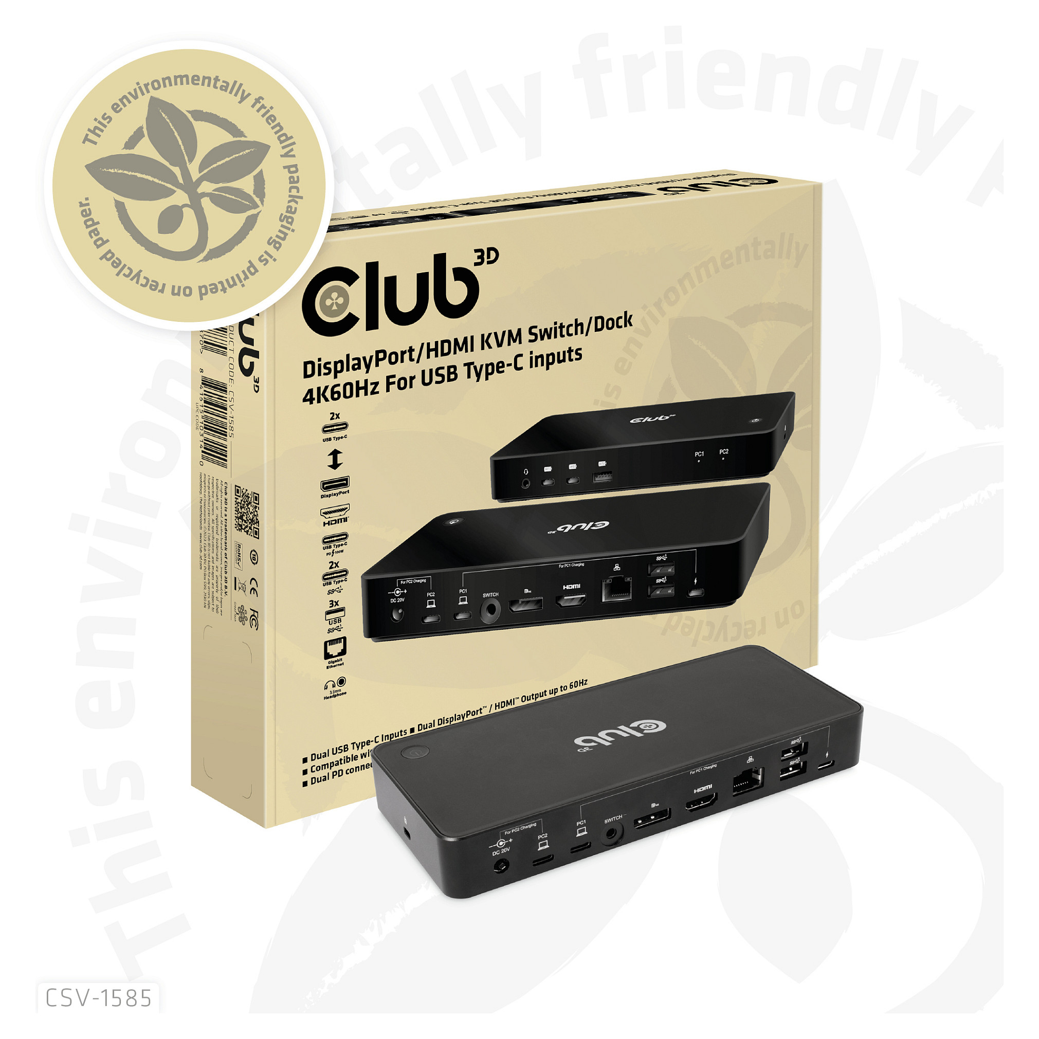 KVM Switch CLUB 3D CSV-1585 (2x USB-C, 4K60Hz, HDMI/DP, LAN, PD 100W)-8