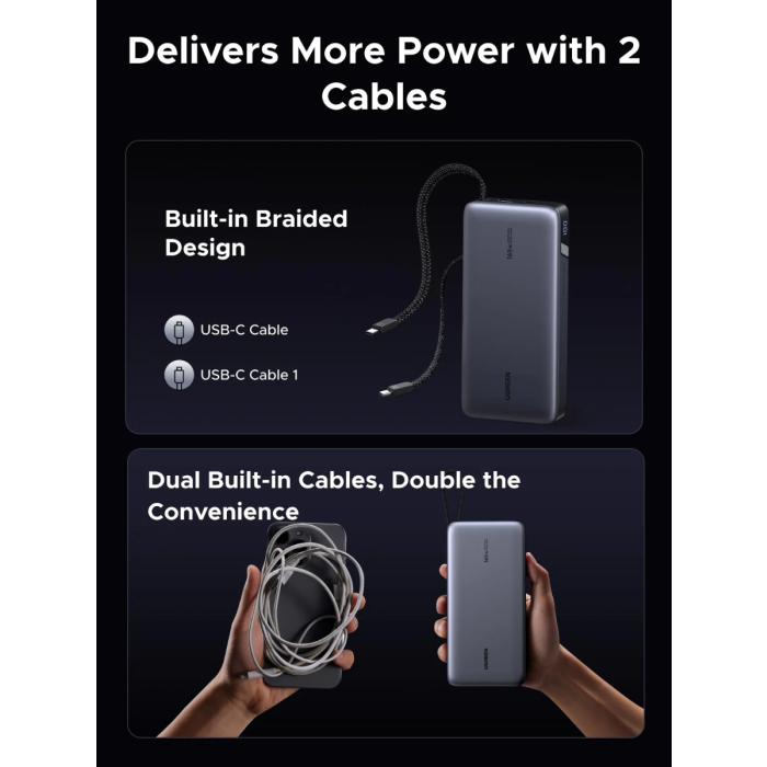 Prijenosni punjač UGREEN 15595 Power Bank 25000 mAh (165W, 2x integrirani USB-C kabel, sivi)-10