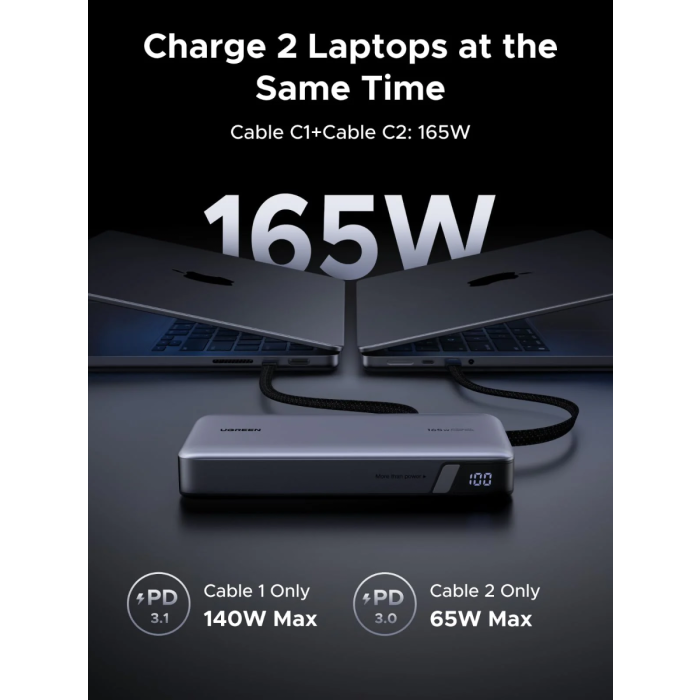 Prijenosni punjač UGREEN 15595 Power Bank 25000 mAh (165W, 2x integrirani USB-C kabel, sivi)-8