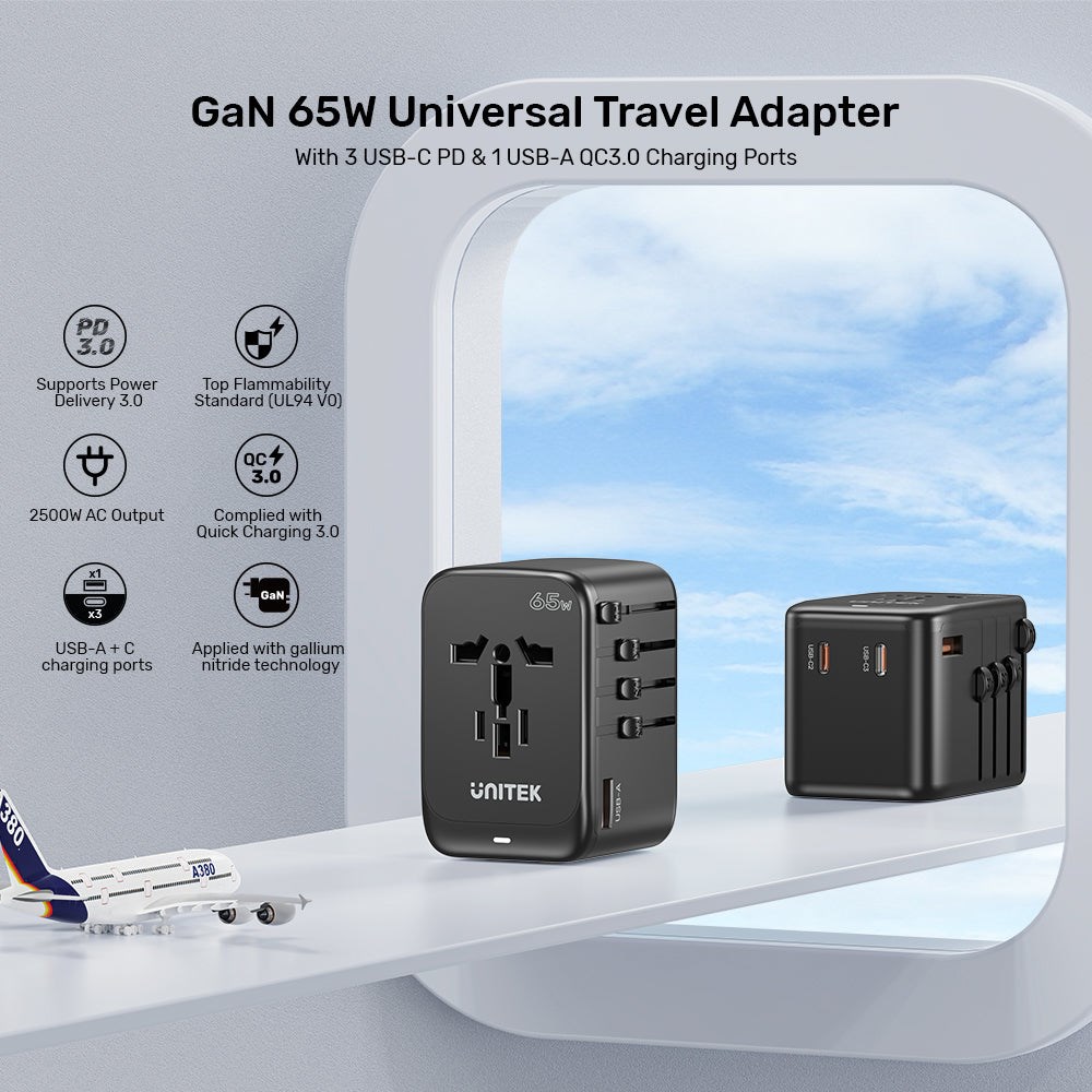 Univerzalni putni adapter UNITEK P1122A (65W, 2x USB-A, 3x USB-C, 1x AC) Crni-2