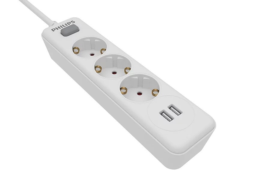 Produžni kabel PHILIPS SPN3032WA/58, 3 utičnice, 2x USB-A, 2m, bijela boja-1