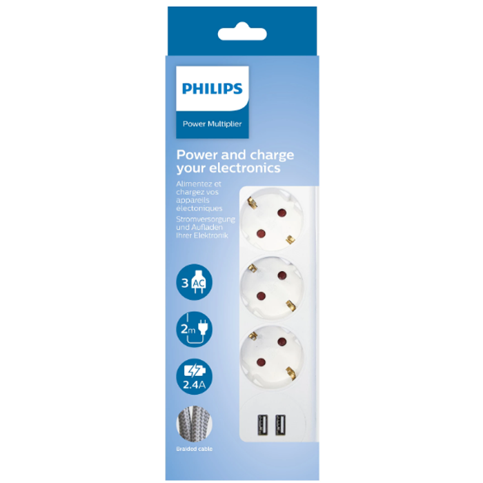Produžni kabel PHILIPS SPN3032WA/58, 3 utičnice, 2x USB-A, 2m, bijela boja-1