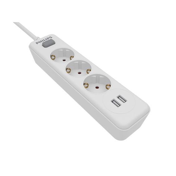 Produžni kabel PHILIPS SPN3032WA/58, 3 utičnice, 2x USB-A, 2m, bijela boja