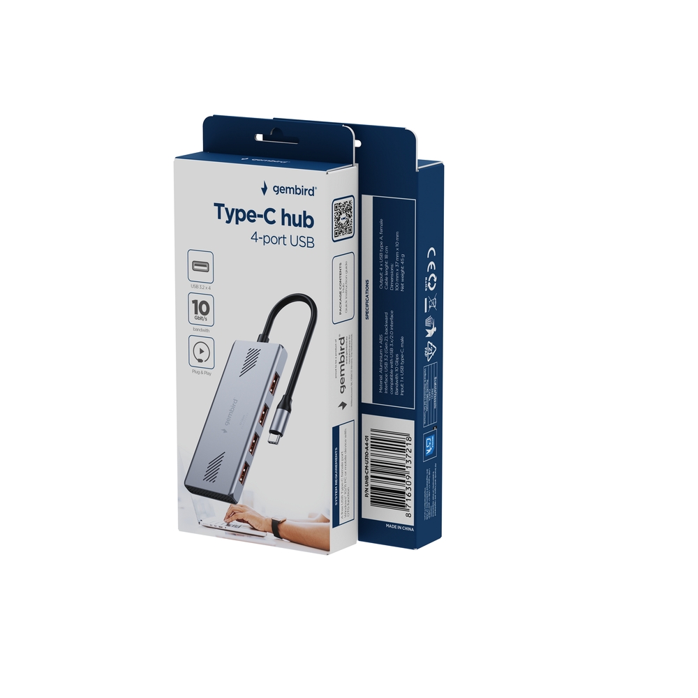 USB-C Hub GEMBIRD A-CM-HU3G2-01, 4-portni, USB 3.2 Gen 2, 10 Gbps, sivi-2