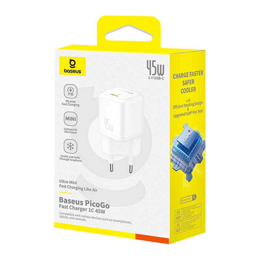 Kućni punjač BASEUS PicoGo GaN 45W USB-C (PD, EU utikač) bijeli-5