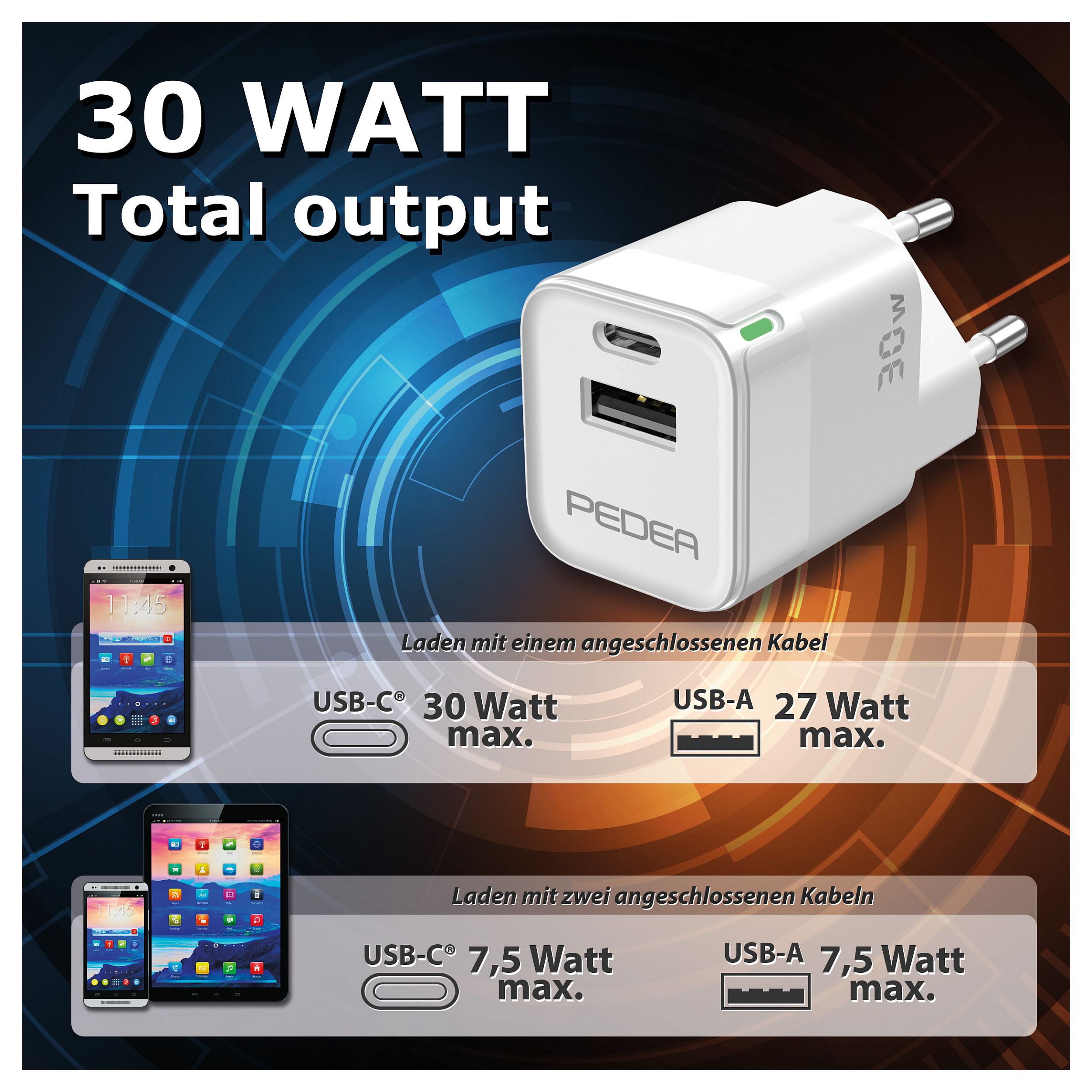 Strujni punjač PEDEA 30W (USB-C PD, USB-A QC 3.0) bijeli-5