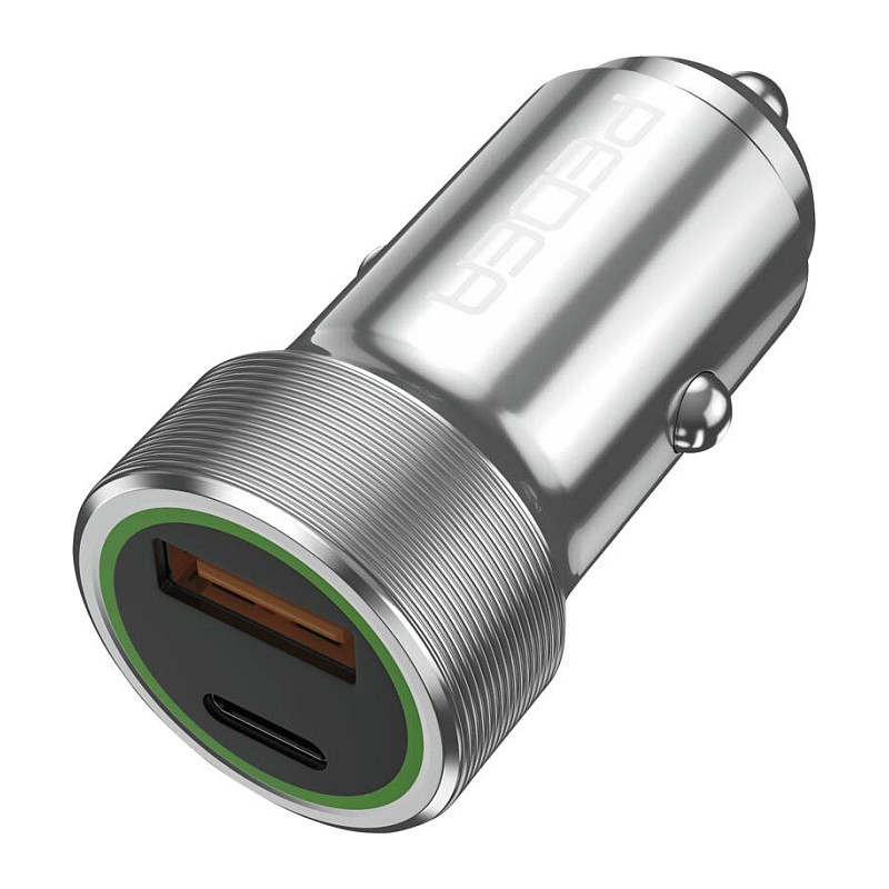 Auto punjač PEDEA 20W (1x USB-C PD, 1x USB-A QC 3.0) Srebrni