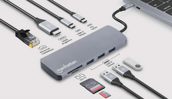 USB-C Docking Stanica MANHATTAN 9-u-1 (HDMI 4K@60Hz, 100W PD, Gigabit LAN)