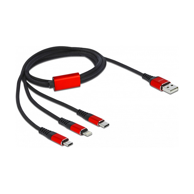 USB kabel za punjenje DELOCK 3-u-1 (USB-A na Lightning + 2x USB-C, 1m) crno/crveni-0