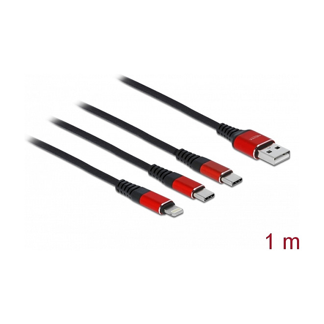 USB kabel za punjenje DELOCK 3-u-1 (USB-A na Lightning + 2x USB-C, 1m) crno/crveni-1
