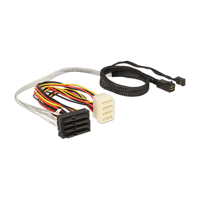 Kabel DELOCK Mini SAS HD SFF-8643 na 4x SAS SFF-8482 + Power 0.5m (12 Gb/s, SAS 3.0)
