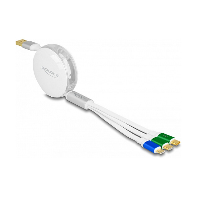 USB kabel DELOCK 3-u-1 na izvlačenje (USB-A na Micro USB + 2x USB-C, 1m, bijeli)-0