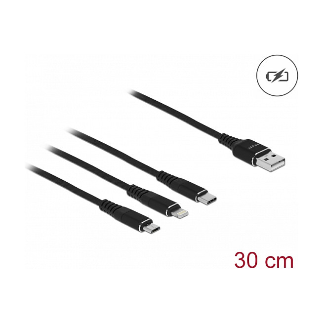 Delock USB Ladekabel 3 in 1 Typ-A zu Lightningâ„¢ / Micro USB / USB Type-Câ„¢ 30 cm schwarz-1