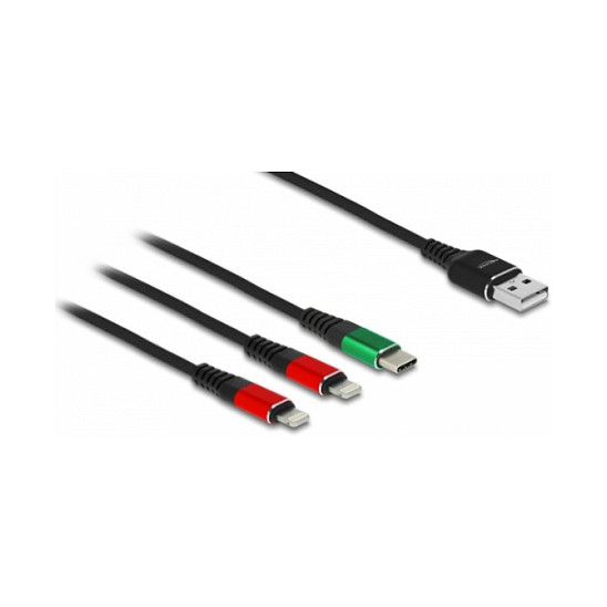 USB kabel za punjenje DELOCK 3-u-1 (USB-A na 2x Lightning + USB-C, 1m)-0