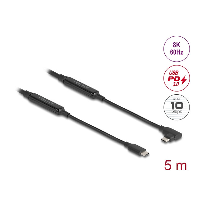 Delock Aktivni optički USB-C kabel 10 Gbps (USB 3.2 Gen 2) 5m, 8K 60Hz, PD 60W, kutni konektori-1