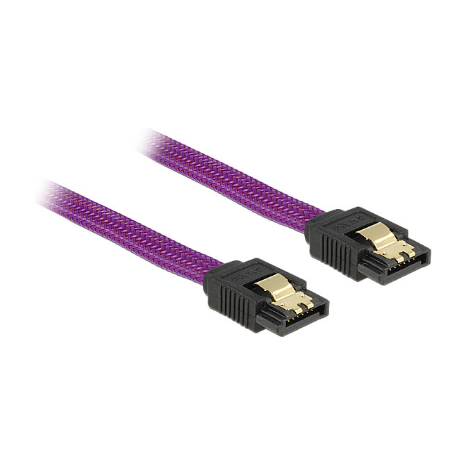 SATA kabel DELOCK 30 cm (6 Gb/s, ravni konektori, metalne kopče) ljubičasti