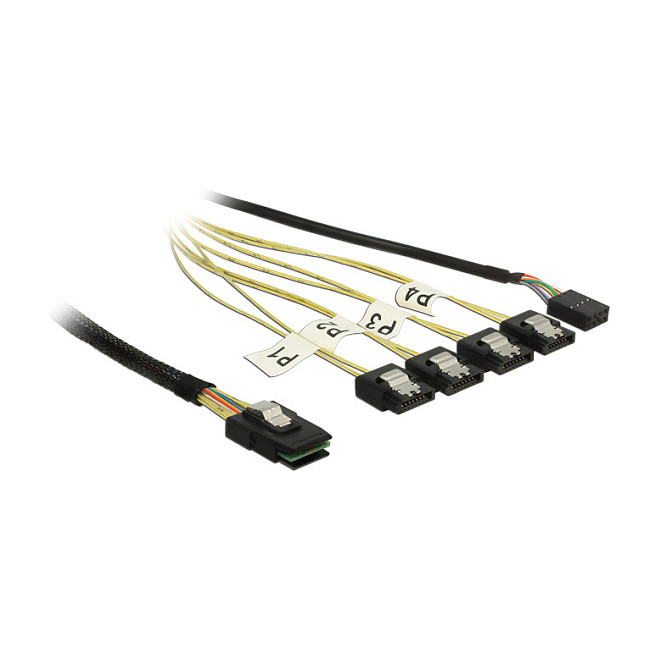 Kabel DELOCK Mini SAS SFF-8087 na 4x SATA 7-pin Reverse + Sideband (1 m, 6 Gb/s)