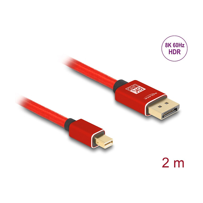 DisplayPort kabel DELOCK Mini DP na DP 1.4 (8K 60Hz, 2m, metalno kućište, crveni)-1