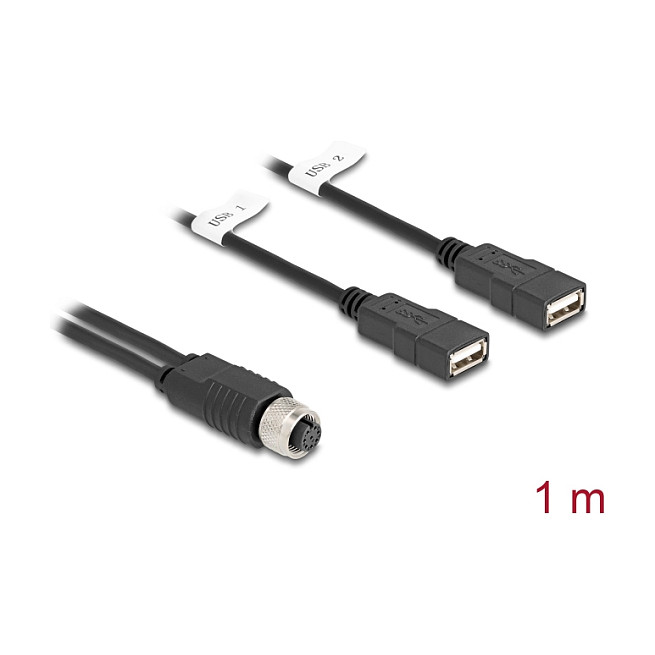 USB Kabel DELOCK M12 A-kodirani 8-pinski na 2x USB 2.0 A (1 m, IP67)-1
