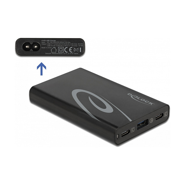 Strujni punjač DELOCK 60W (2x USB-C PD 3.0, 1x USB-A QC 3.0, GaN)-1