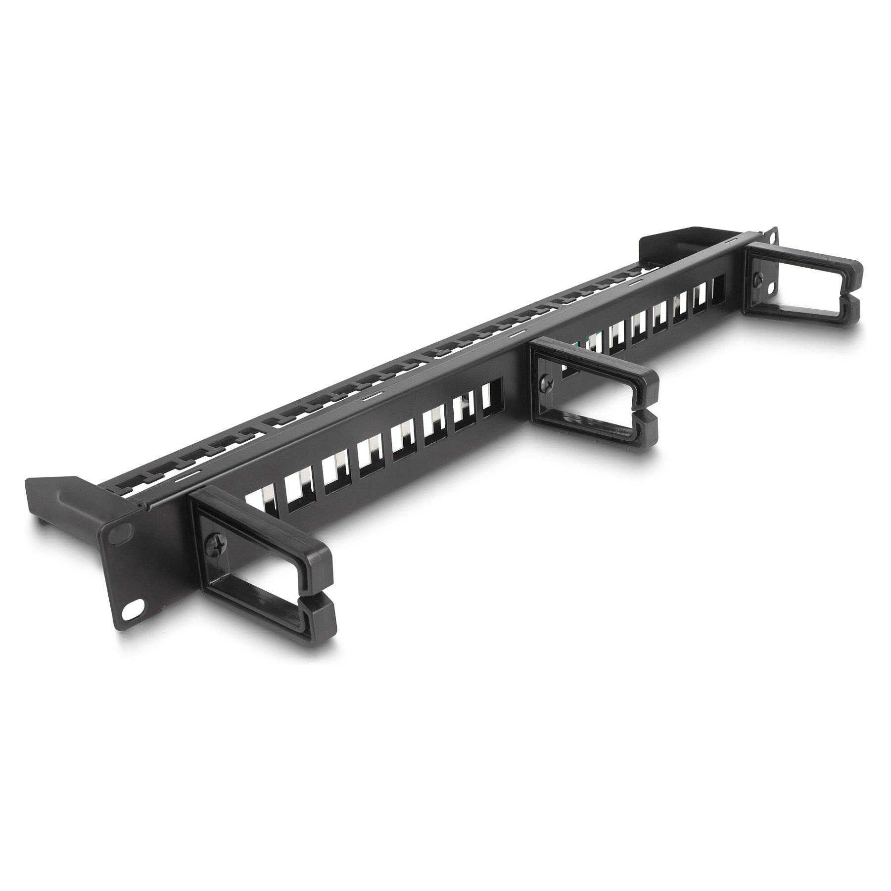 Patch panel DELOCK 19" Keystone 16 Port (1U, 3 nosača, rasteretna šina, crni)