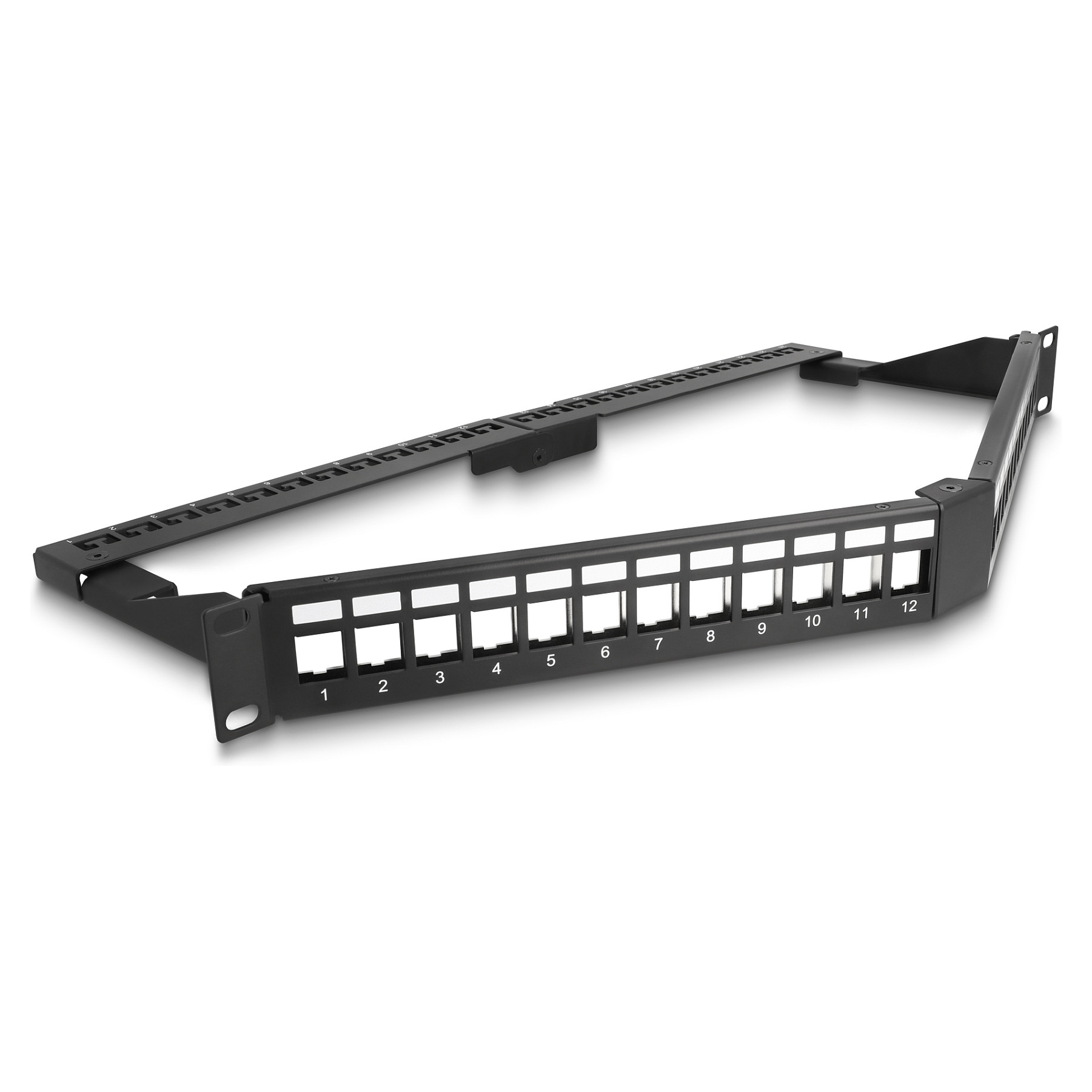 Mrežni patch panel DELOCK 19" Keystone 24 Port Angled (1U, s rasteretnom šipkom)
