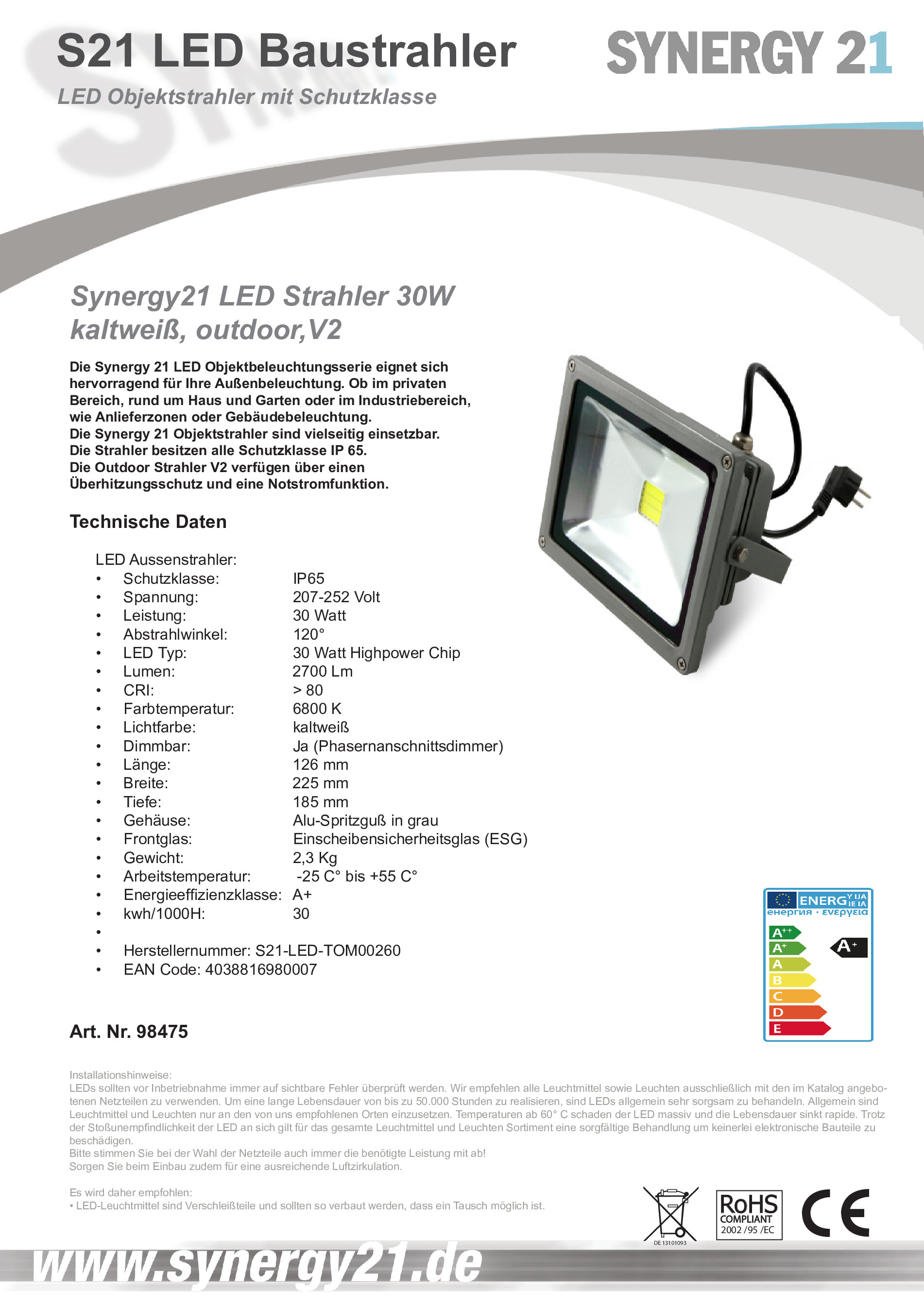 LED Reflektor SYNERGY 21 30W (2700 lm, 6500K, IP65) sivi-1
