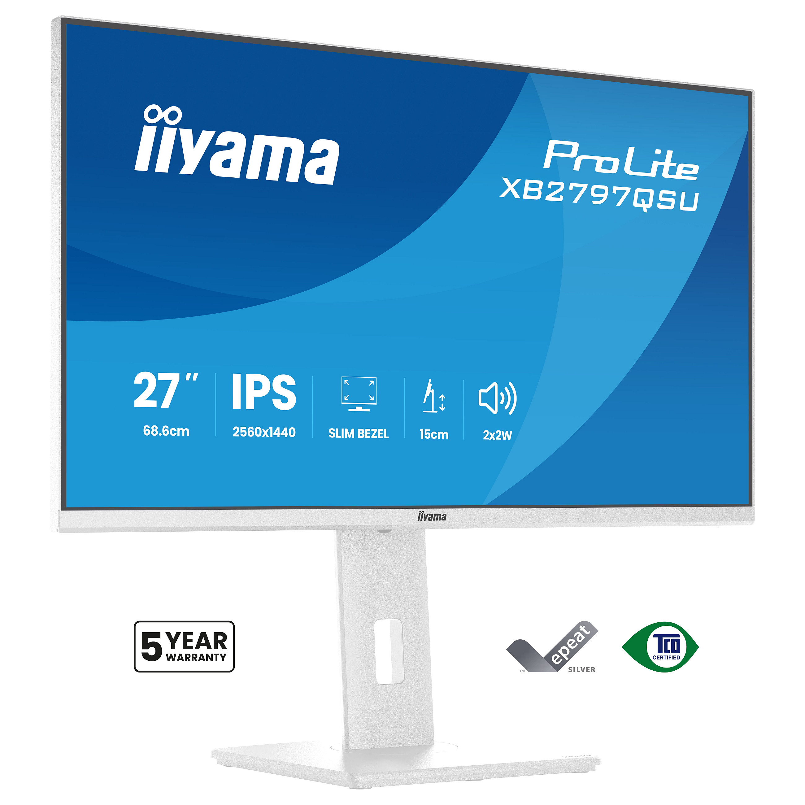 Monitor IIYAMA ProLite XB2797QSU-W1 (27" WQHD, IPS, 100Hz, 1ms, USB-C, KVM) White