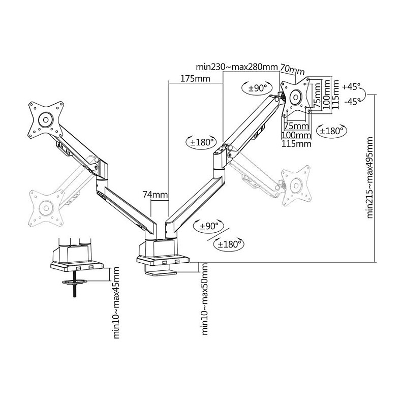 Stolni nosač za 2 monitora ROLINE 17.03.1133 (17"-32", do 2x 9 kg, plinska opruga, VESA)-1