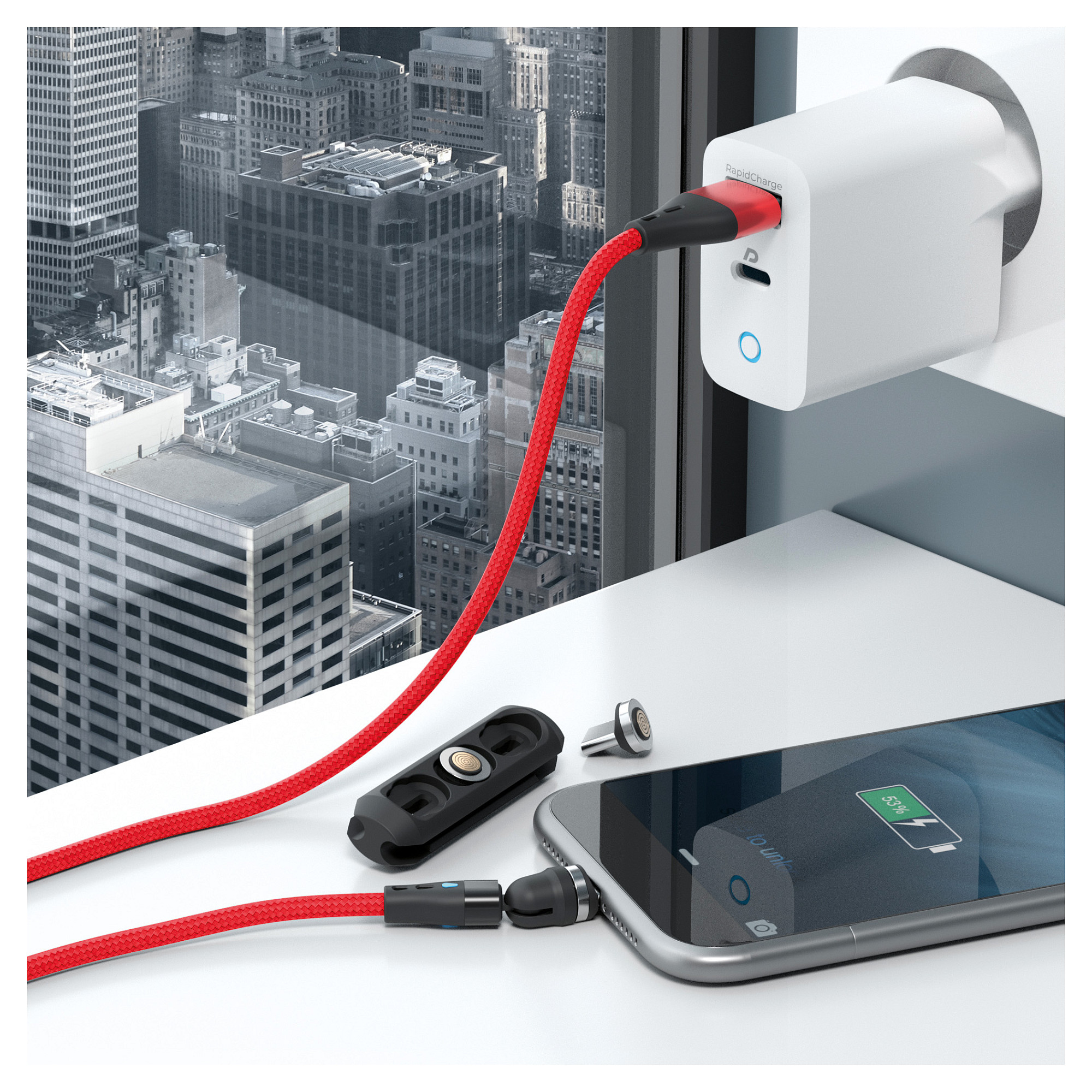 USB kabel REALPOWER Magnetic 3-u-1 (1m, 3A, Micro USB / USB-C / Lightning) crveni-4