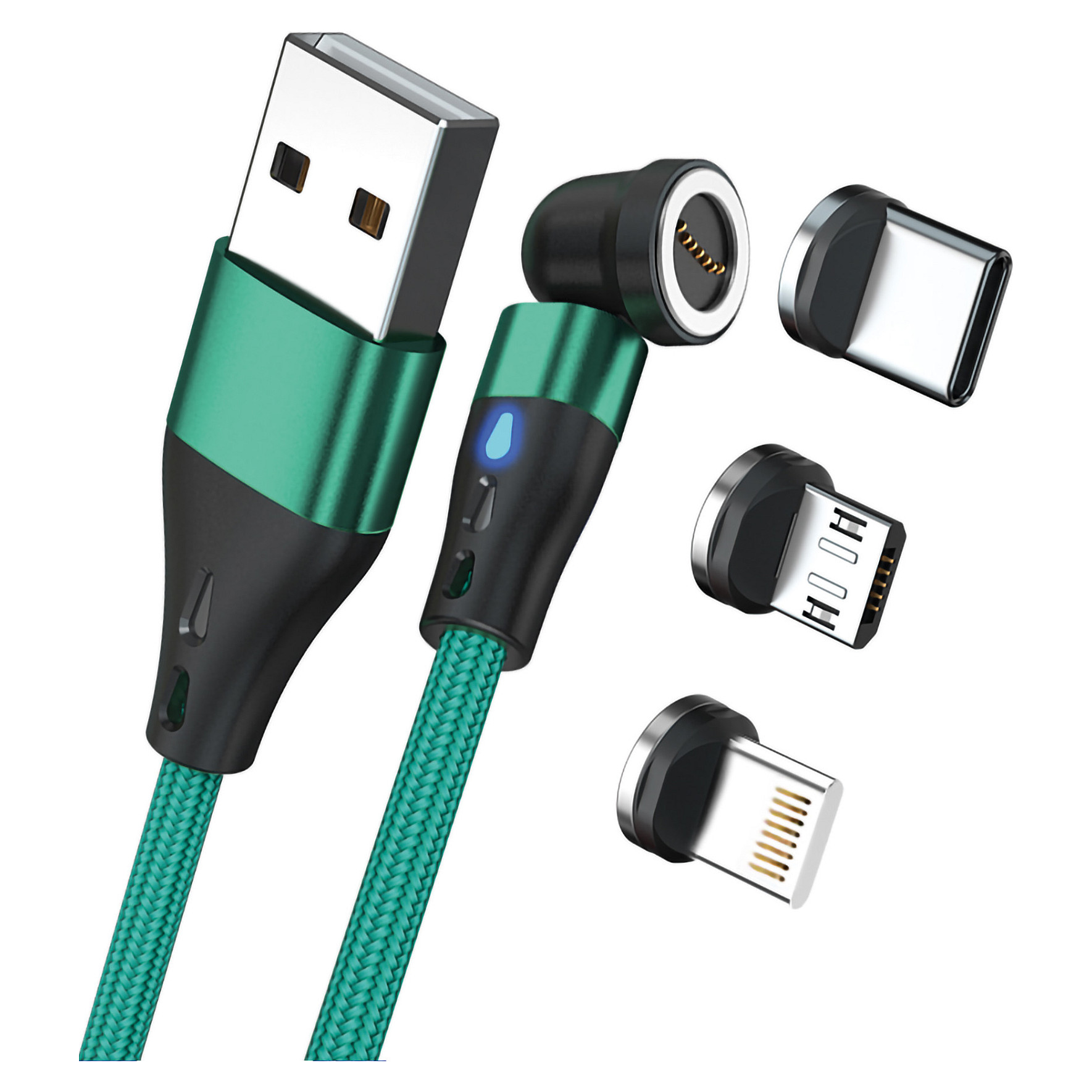 Magnetski kabel za punjenje REALPOWER Magnetic Cable 3A (1m, 3A, USB-C / Micro-USB / Lightning adapteri, zeleni)-0