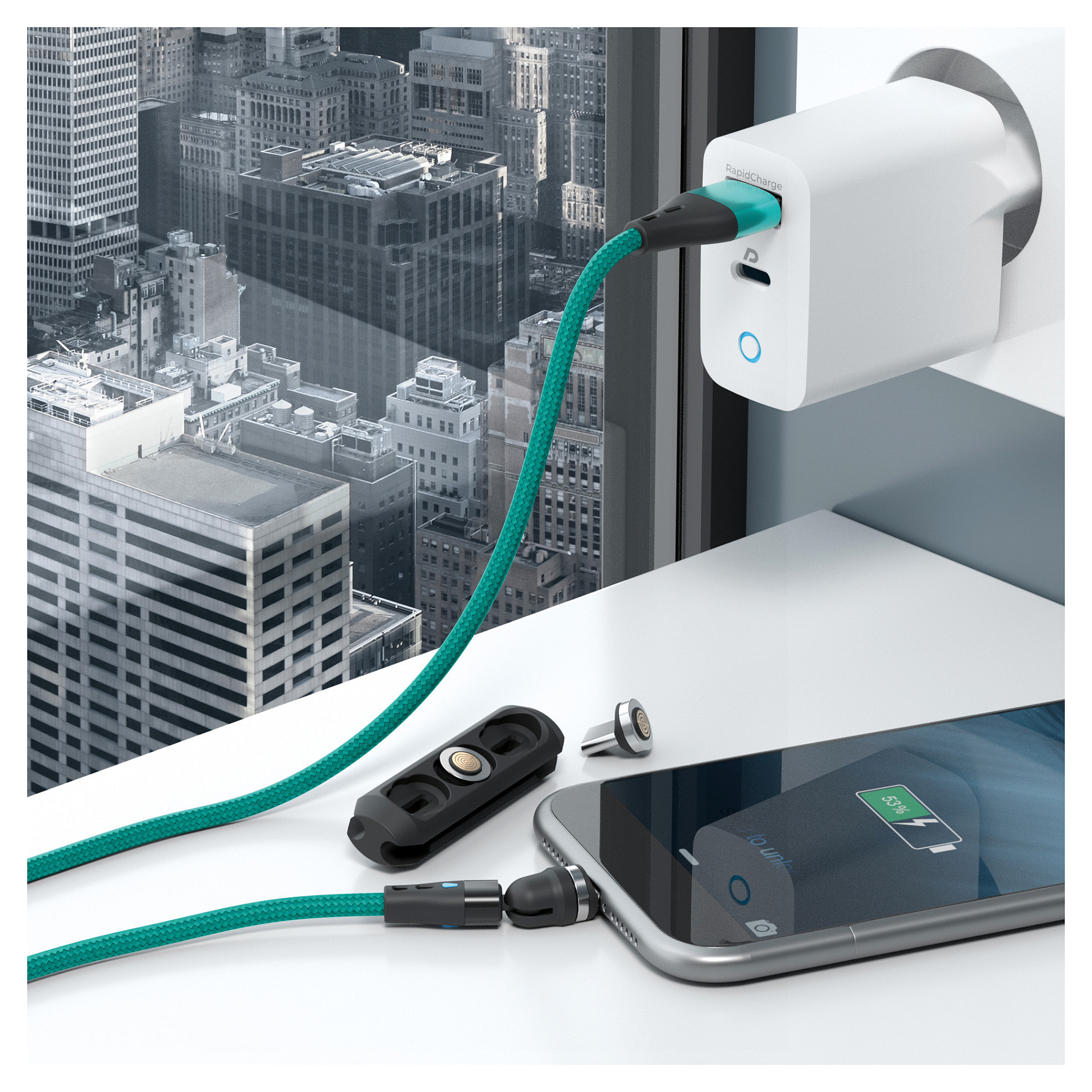 Magnetski kabel za punjenje REALPOWER Magnetic Cable 3A (1m, 3A, USB-C / Micro-USB / Lightning adapteri, zeleni)-4