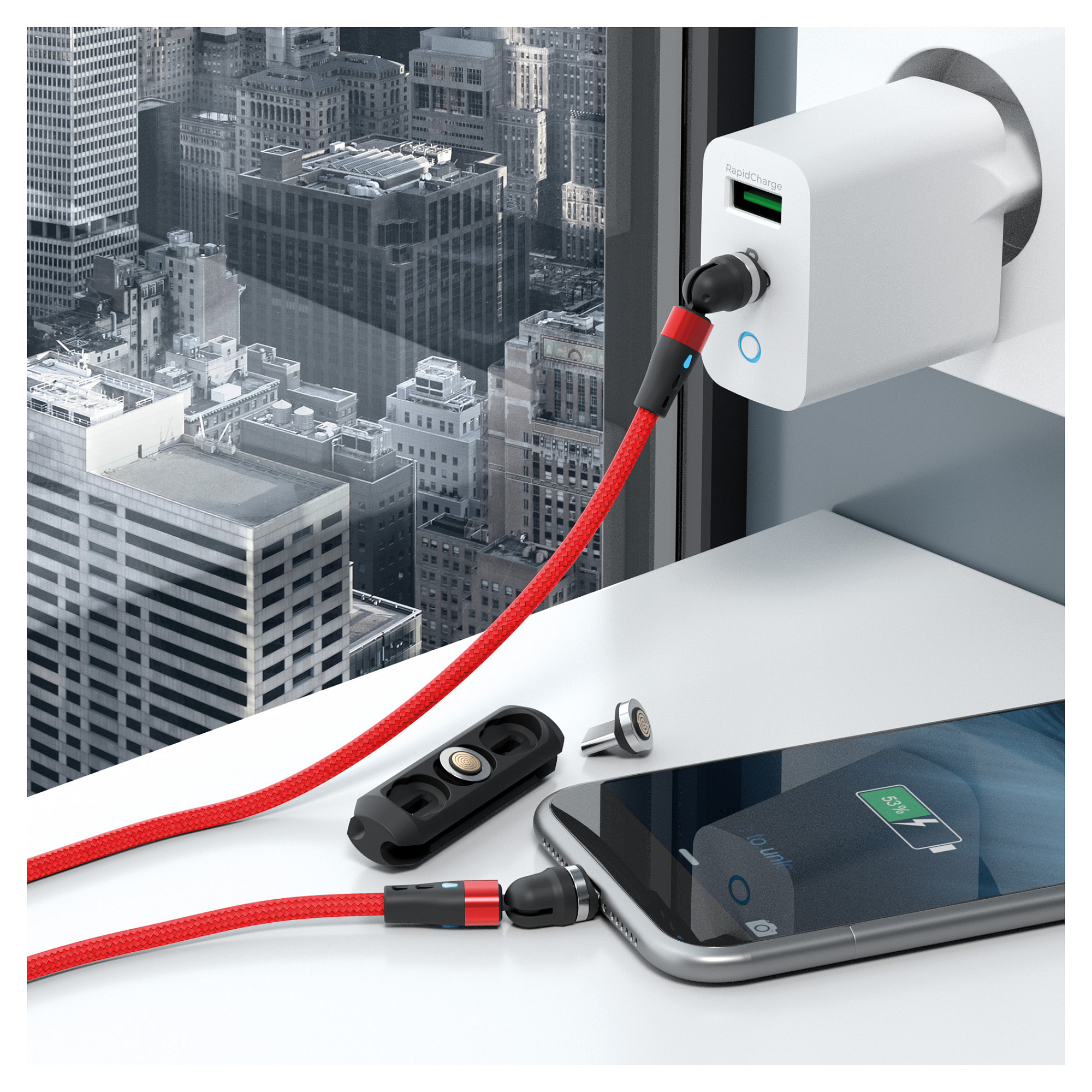 Magnetski kabel za punjenje REALPOWER Connect-M 3-u-1 (USB-C, Micro-USB, Lightning), 1m, crveni-4