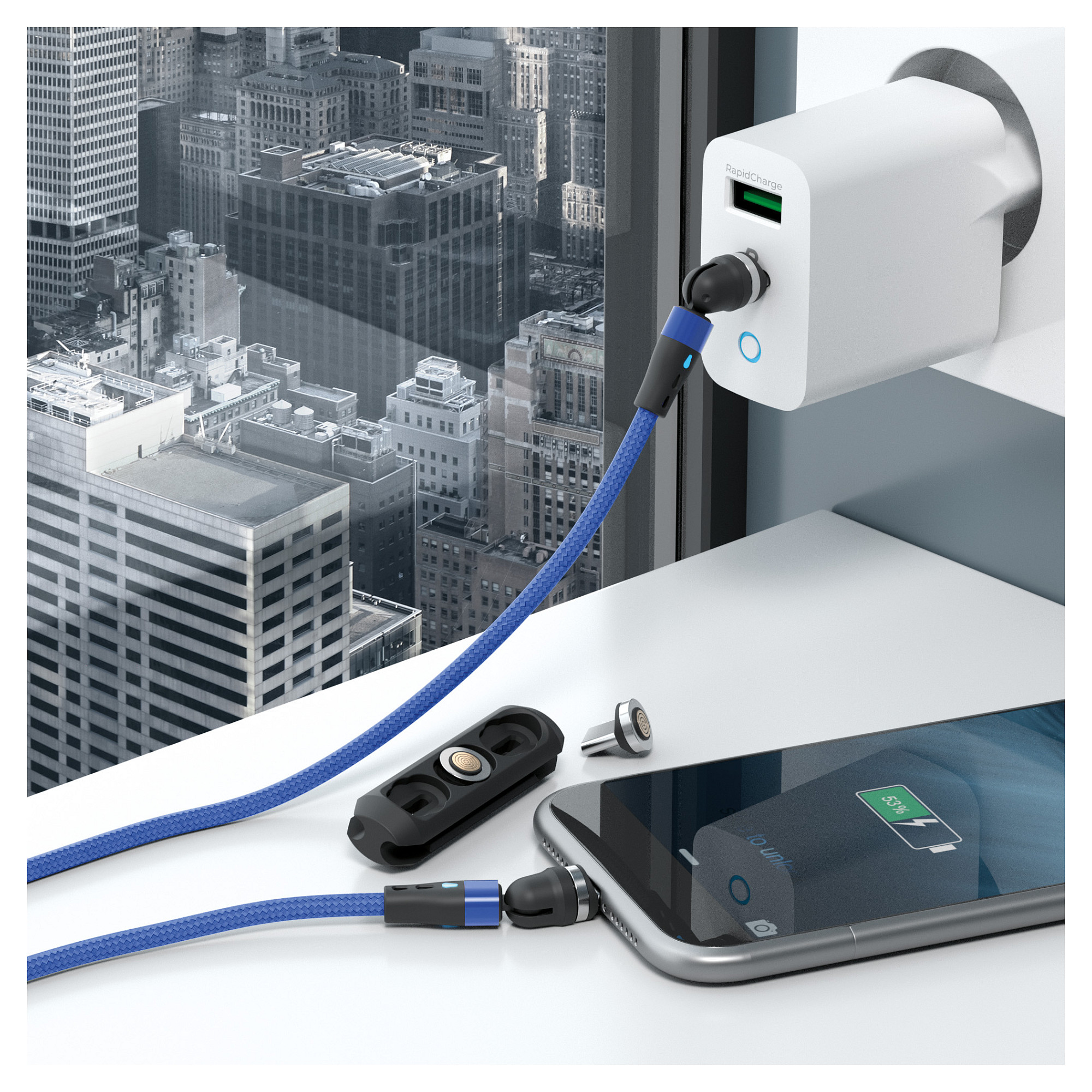Magnetski kabel za punjenje REALPOWER 3-u-1 (1m, USB-C / Micro-USB / Lightning adapteri) plavi-4