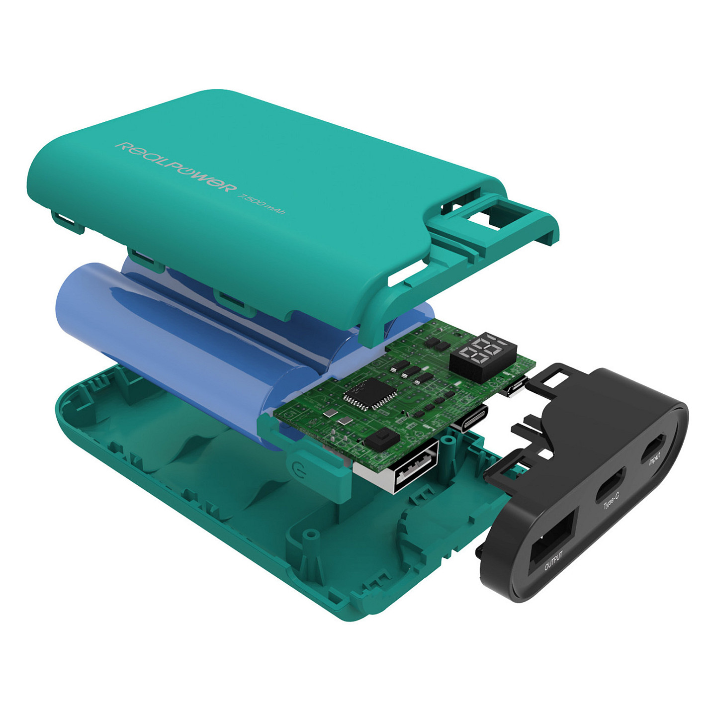 Prijenosni punjač REALPOWER PB-7500C (7500 mAh, integrirani USB-C i Lightning kabel, zeleni)-4