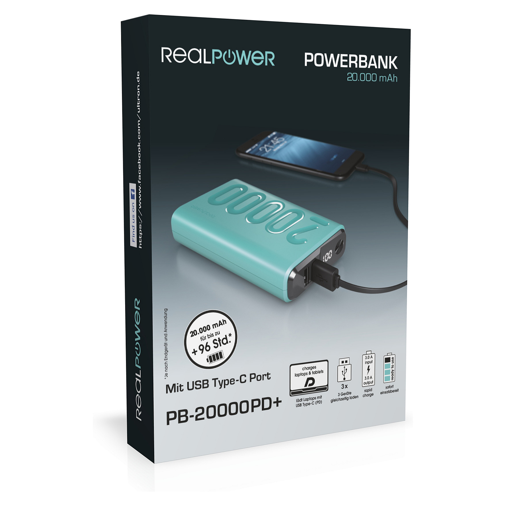Prijenosni punjač REALPOWER PB-20000 PD+ (20000 mAh, 18W Power Delivery, Quick Charge 3.0) svijetloplavi-4