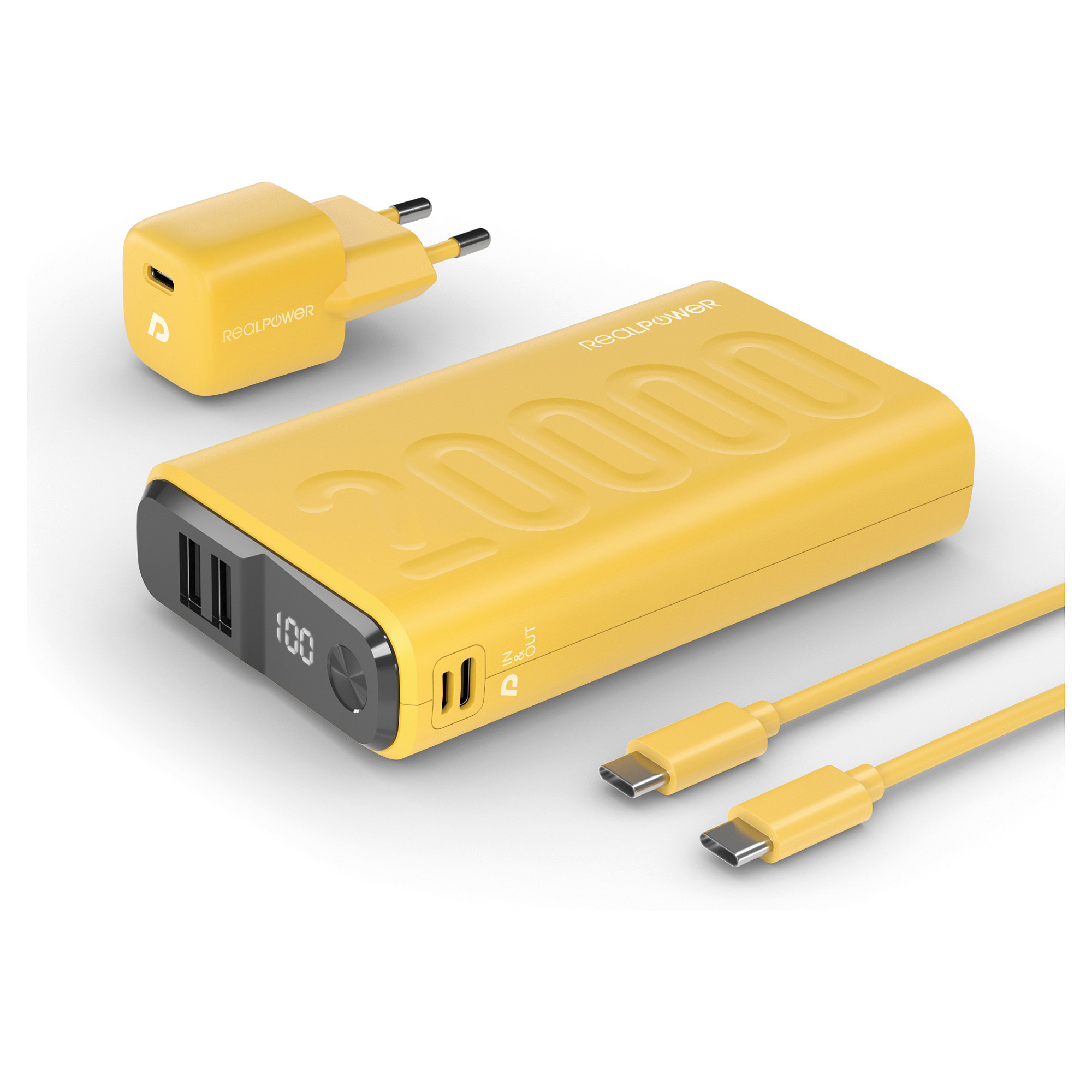 Prijenosna baterija REALPOWER PB-20000 Set (20000 mAh, USB-C, 2x USB-A) žuta-0