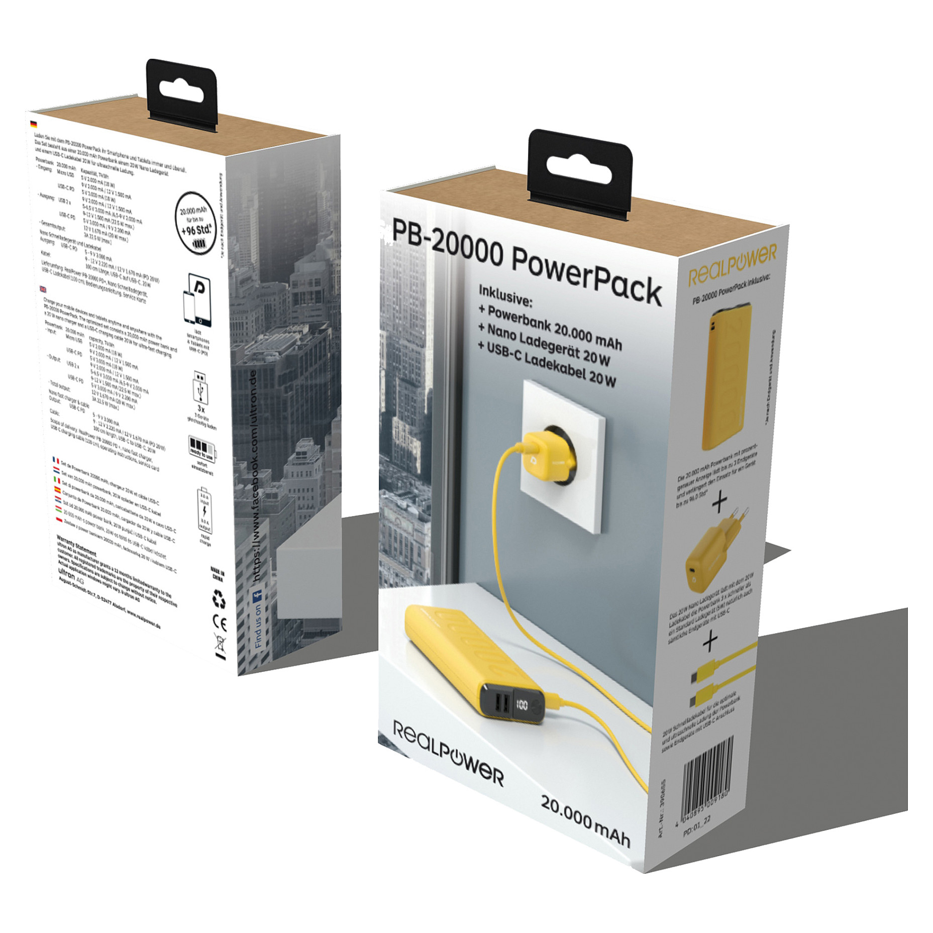 Prijenosna baterija REALPOWER PB-20000 Set (20000 mAh, USB-C, 2x USB-A) žuta-4