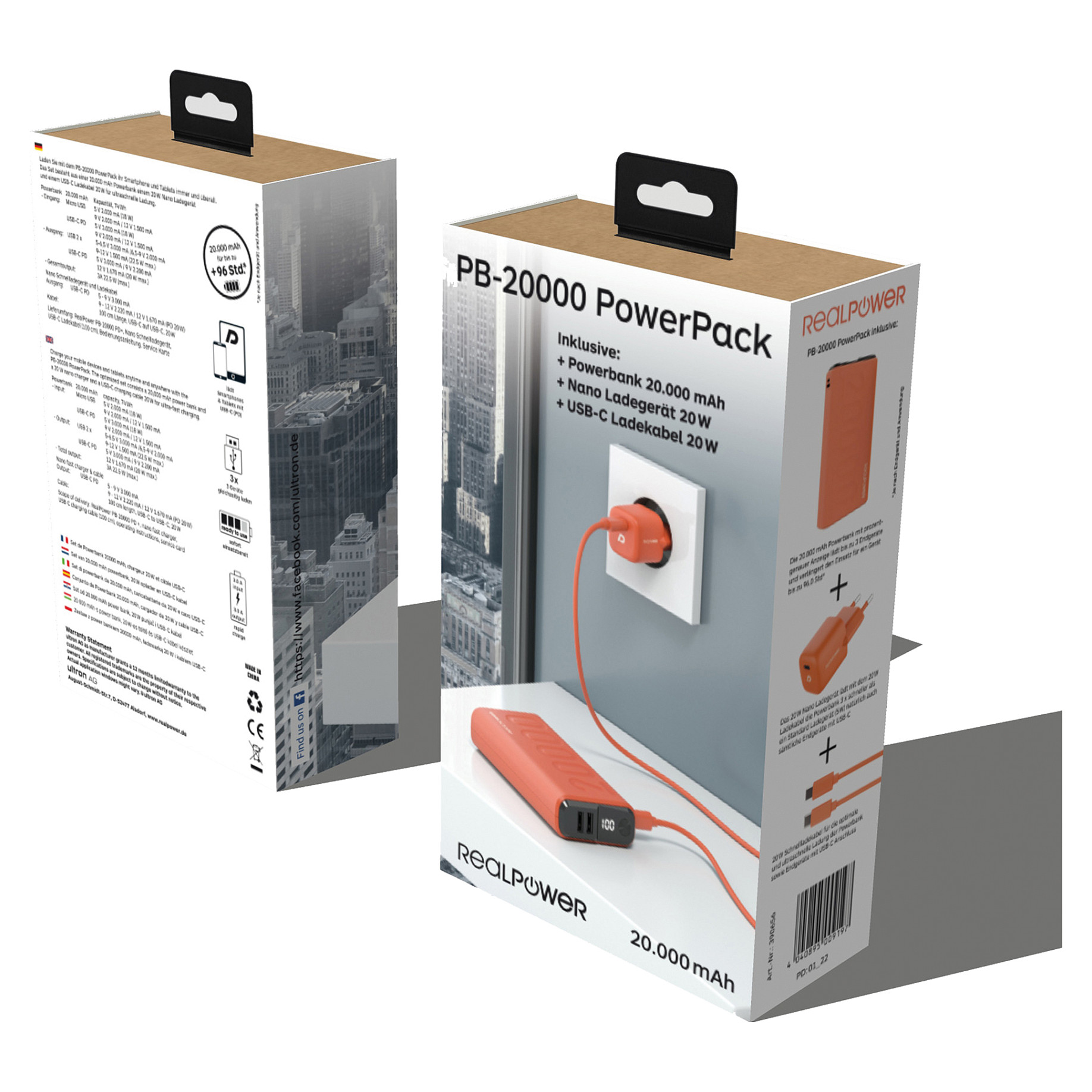 Prijenosni punjač REALPOWER PB-20000 Set (20000 mAh, 20W PD, QC 3.0) narančasti-4