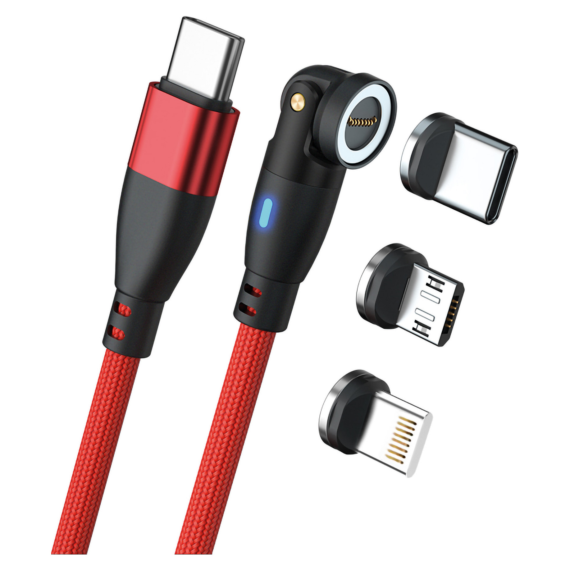 Magnetski kabel za punjenje REALPOWER Magnetic Cable 100W (1m, USB-C, Micro USB i Lightning adapteri, crveni)-0