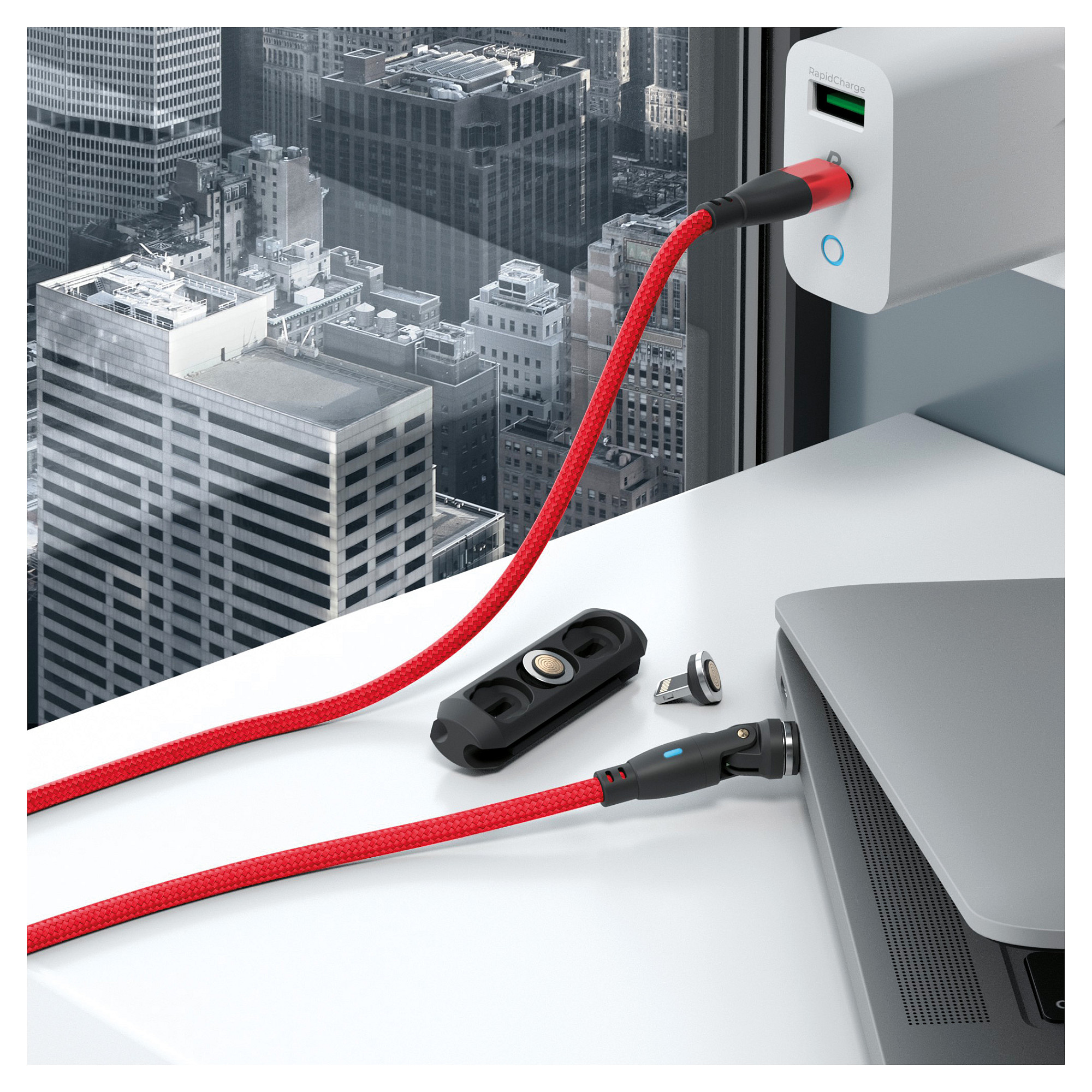 Magnetski kabel za punjenje REALPOWER Magnetic Cable 100W (1m, USB-C, Micro USB i Lightning adapteri, crveni)-4
