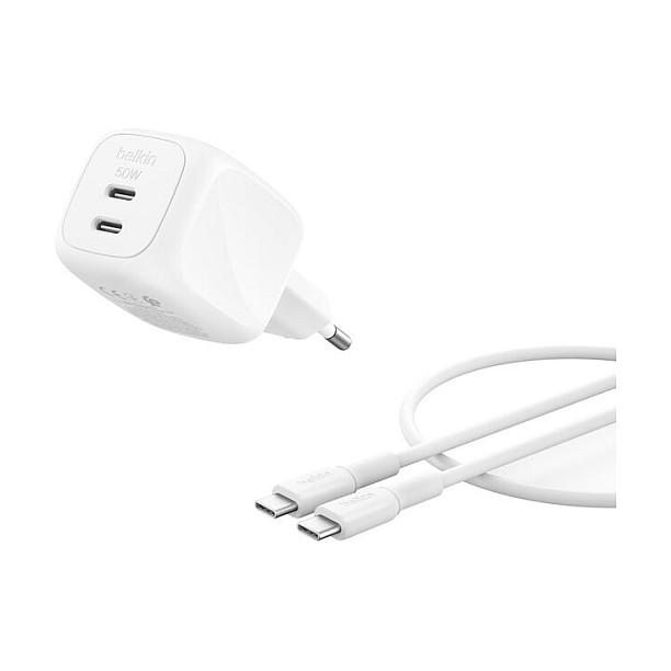 Kućni punjač BELKIN BOOST↑CHARGE Dual USB-C 50W PD PPS + 1m kabel (WCH019) bijeli-0