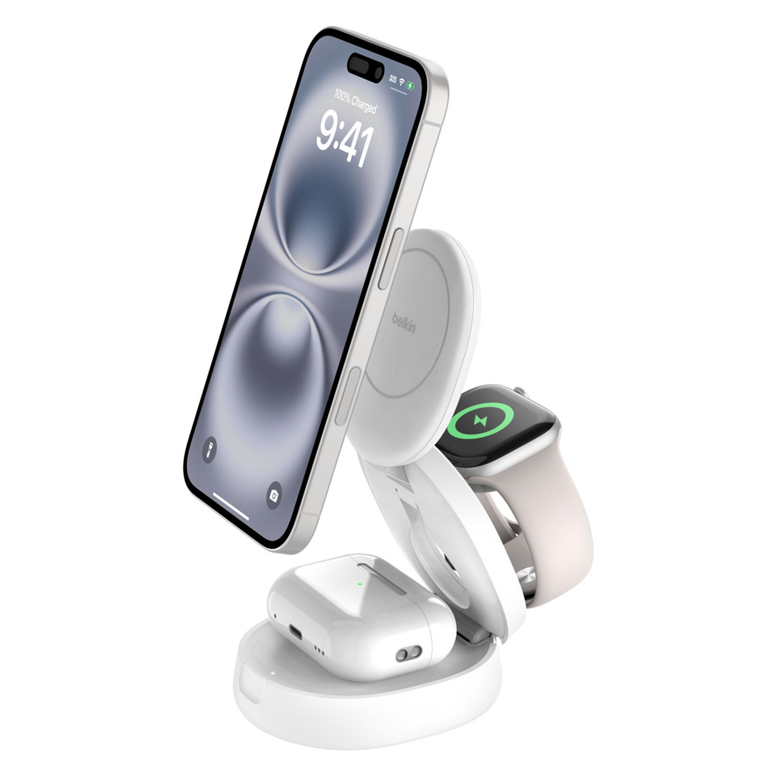 Bežični punjač BELKIN BoostCharge Pro 3-u-1 (Qi2, 15W, sklopivi, bijeli) WIZ034kqWH-0