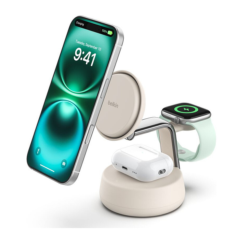 Bežični punjač BELKIN BoostCharge Pro 3-u-1 WIZ040 (Qi2, 15W, magnetski, za iPhone, Apple Watch, AirPods) bijeli-0