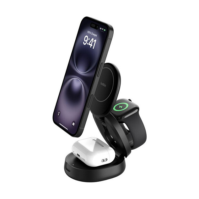 Bežični punjač BELKIN BoostCharge Pro 3-u-1 sklopivi magnetski s Qi2 15W (WIZ034BK), crni-0