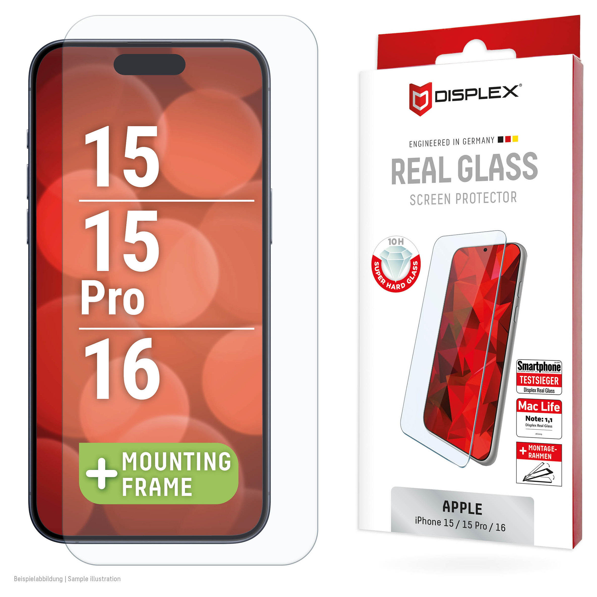 Zaštitno staklo DISPLEX Real Glass 2D za iPhone 16 / 15 / 15 Pro (10H tvrdoća, Case Friendly, EASY-ON Eco okvir)