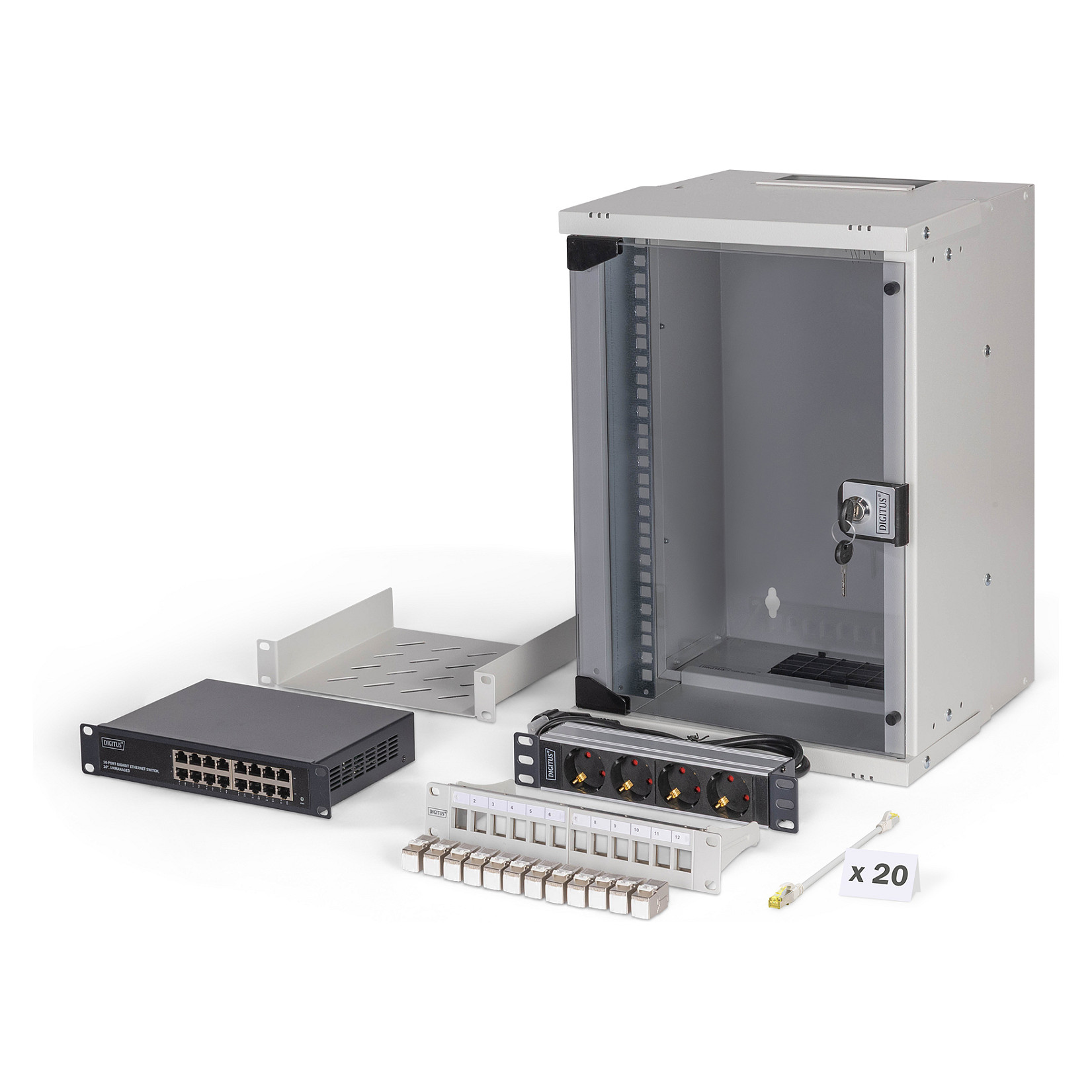 Mrežni ormar set DIGITUS 10" 9U Zidni (polica, letva za napajanje, patch panel, kabeli)-0