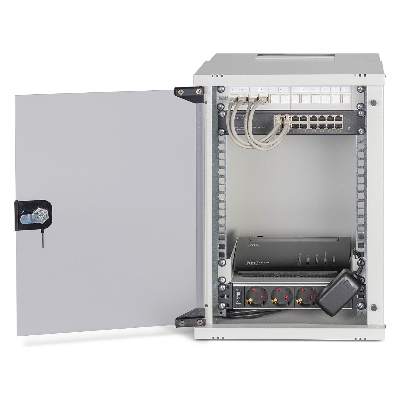 Mrežni ormar set DIGITUS 10" 9U Zidni (polica, letva za napajanje, patch panel, kabeli)-3
