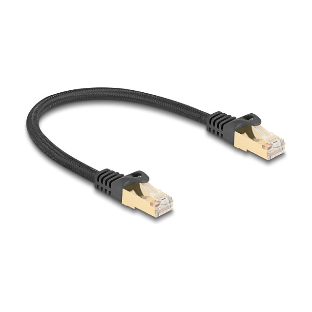 Mrežni kabel DELOCK Cat.6A S/FTP (0.25m, pleteni, kutni/ravni konektor, crni)-1